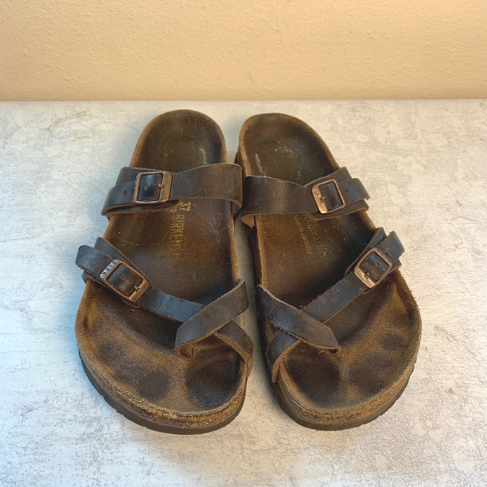 Birkenstock Mayari Sandals Womens 37 240 Brown Leather Toe Loop Buckle Slides - Picture 5 of 11